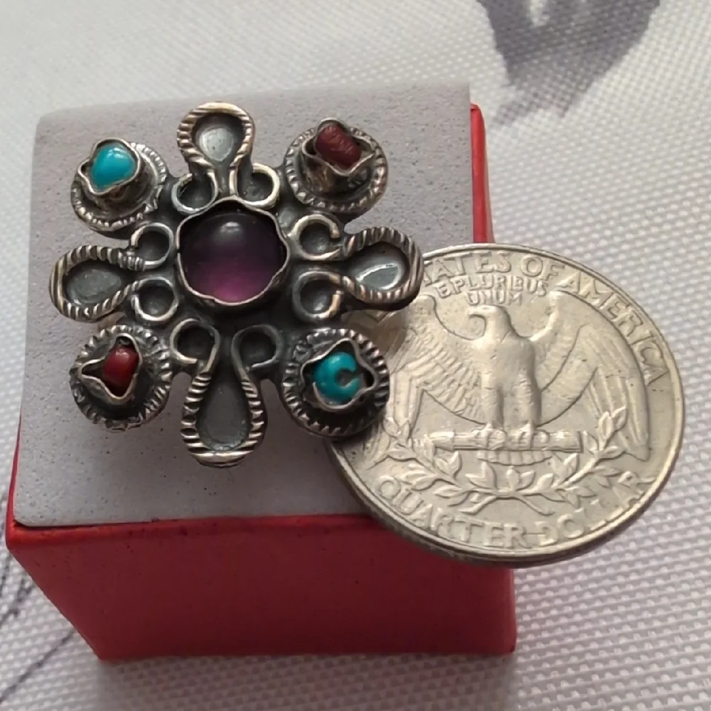 Mexico 925 Sterling Silver and Multicolor Stone Women's Ring - Picture 3 of 5
